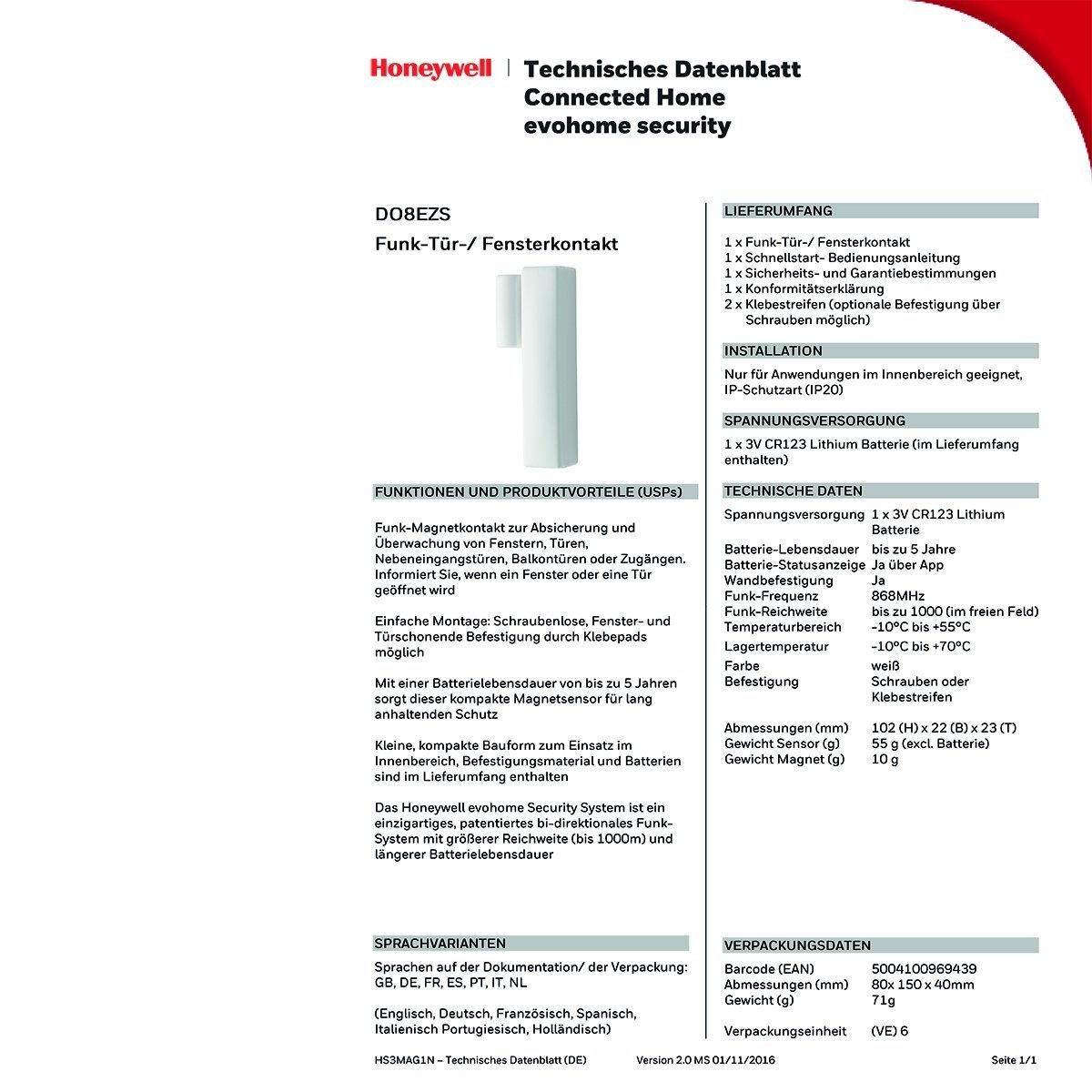 Honeywell Evohome deur- en raamsensor (artikelnummer DO8EZ) 