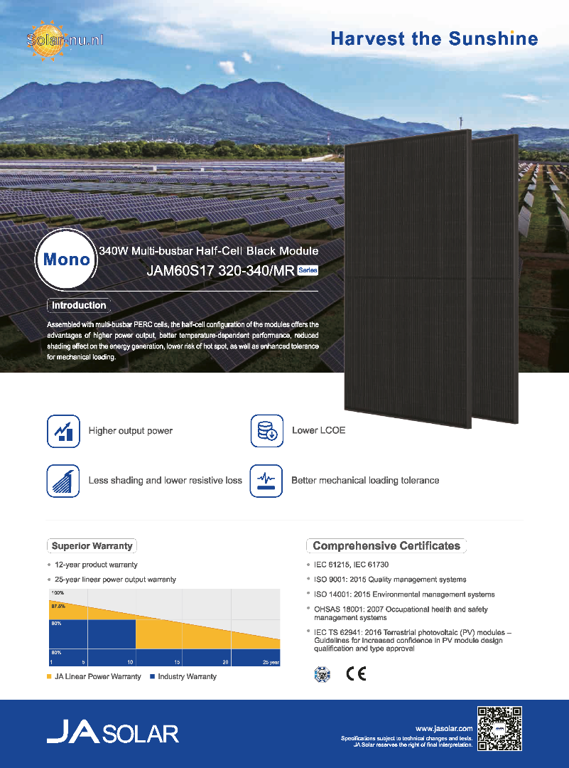 JA Solar 325Wp, Mono HC JA Solar 325Wp, Mono 120 HC, Zwart-Zwart, 1M, MC4, 1689x996x35 JAM60S17-325L-HC-BK