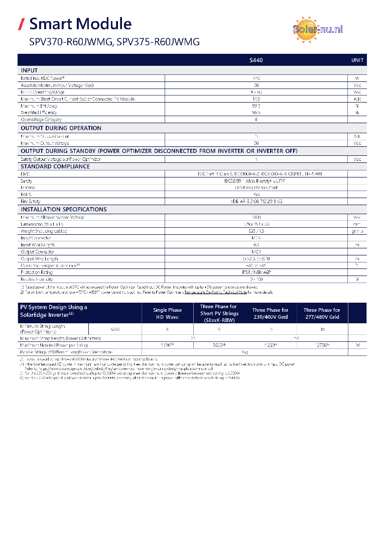 SolarEdge SPV375-R60DWMG + SolarEdge with integrated optimizer 