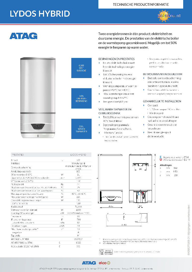 Atag Energion Lydos Hybrid 100 warmtepompboiler 100 liter