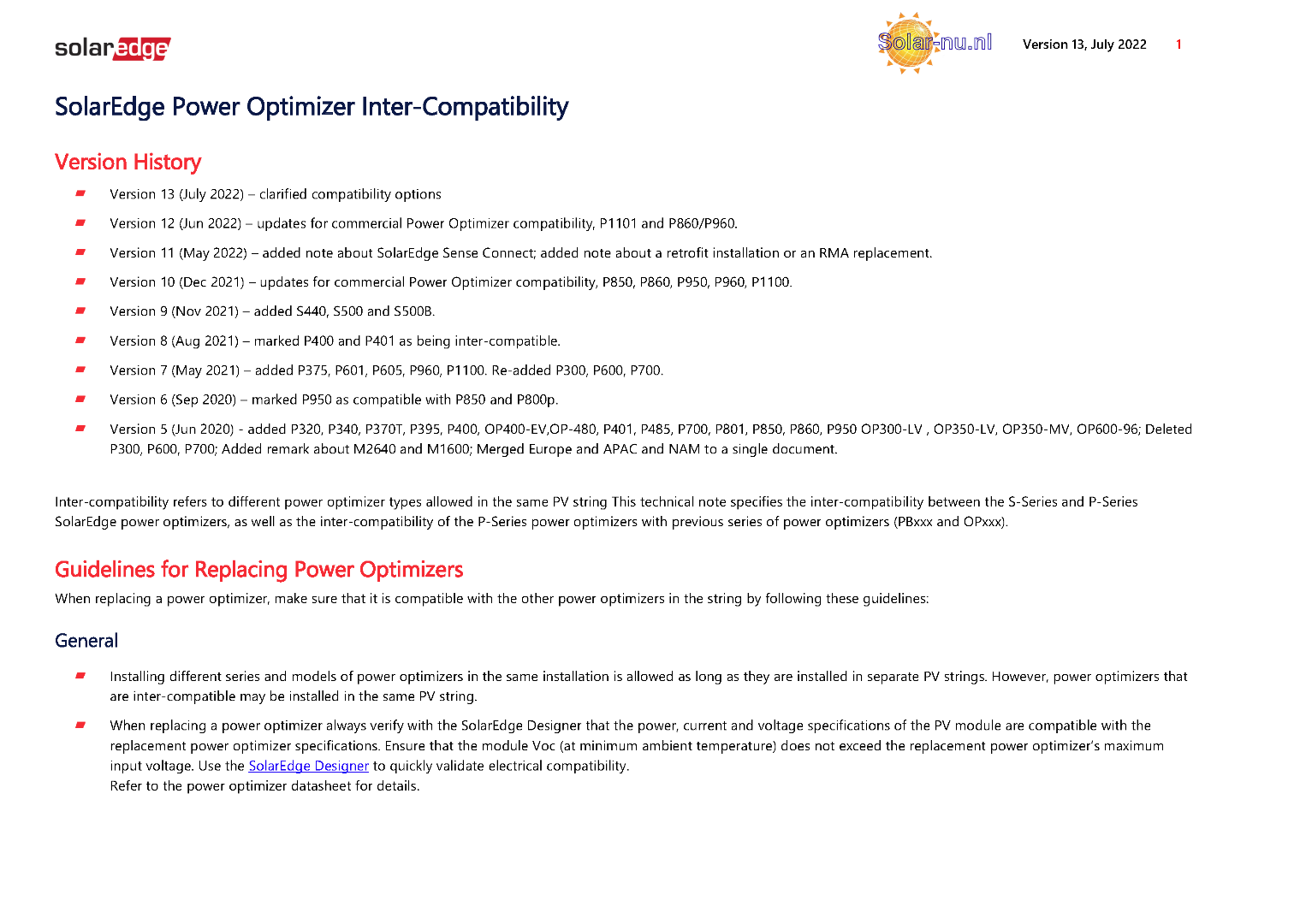 SOLAREDGE POWEROPTIMIZER COMPATIBILITEIT ALLE MODELLEN