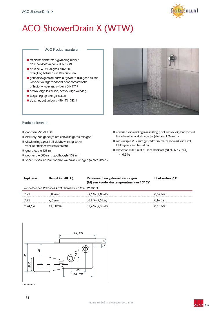 ACO Showerdrain X WTW-douchegoot 800 mm met vloerflens, aansluiting rechts, hoogte 102 mm