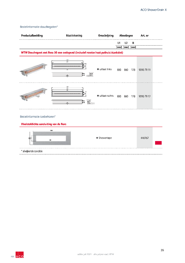 ACO Showerdrain X WTW-douchegoot 800 mm met vloerflens, aansluiting rechts, hoogte 102 mm