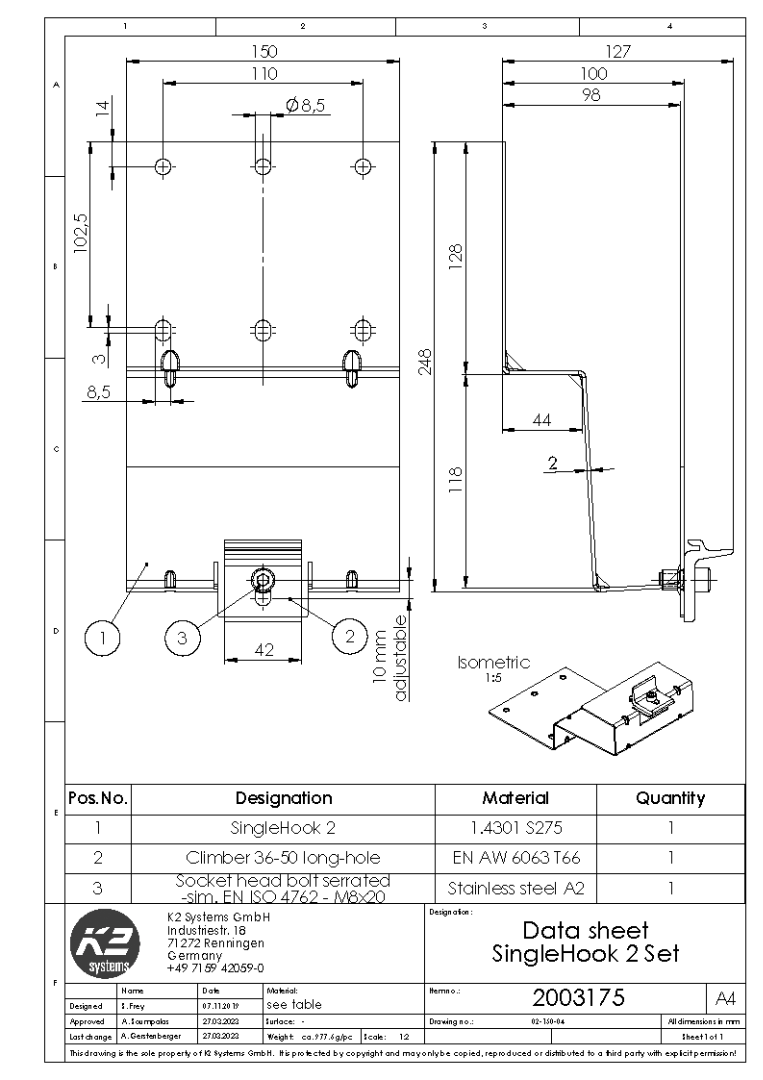   Roof Hook for the fastening of K2 system components to tile roofs with flat roof tiles, in accordance with BS EN 490. With pre-assembled K2 Climber 36/50 and Allen bolt for K2 SingleRail mounting.   Material: Stainless steel (1.4301)